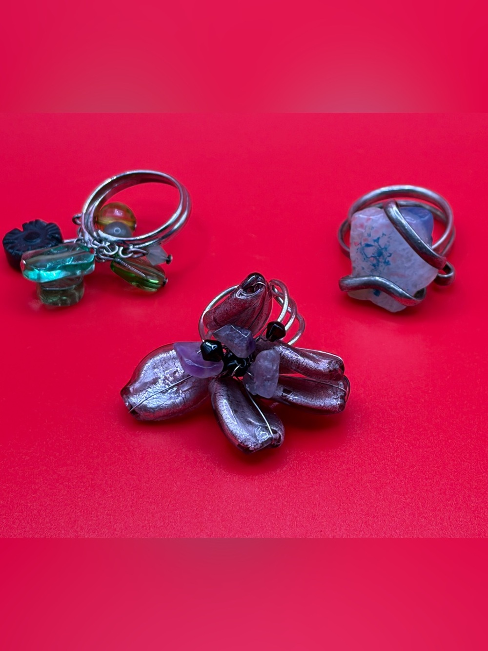 Vintage Artisan Wire Wrapped Rings Lot Boho Glass Stone Adjustable Jewelry